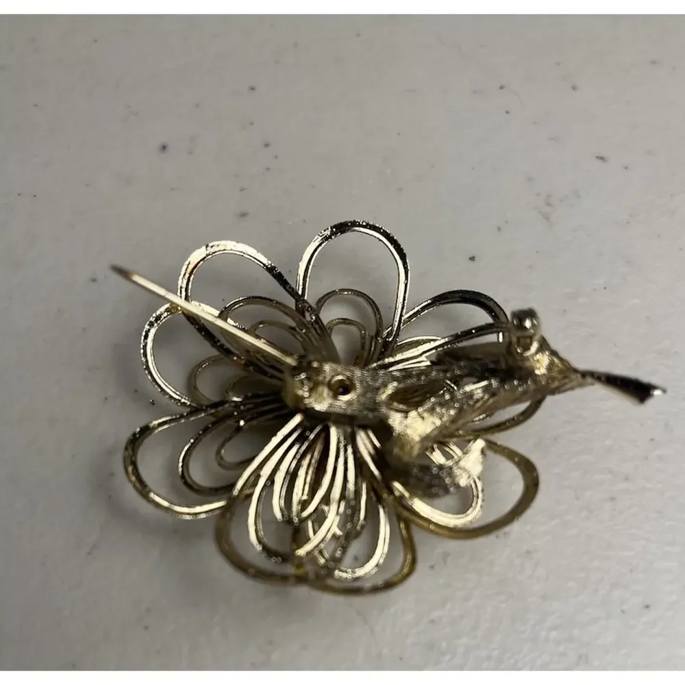 Gold Tone Wire Flower Blue Rhinestone Screw Back Earrings & Brooch Pin Set MCM